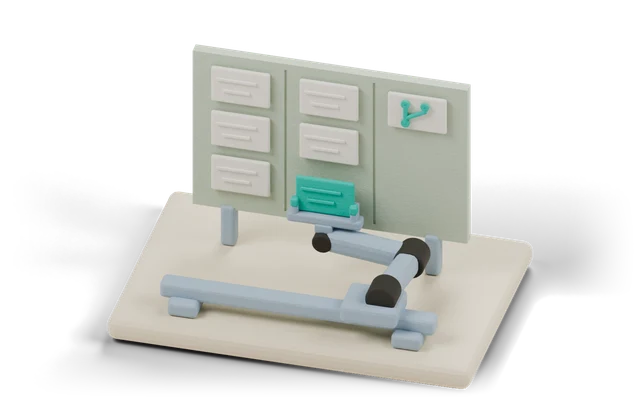 Clay model of a small board with three columns of tickets and a gripper arm above them, one ticket picked out in teal