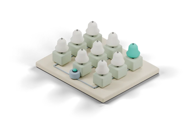 Clay model of a grid of small blocks each with a bell on top, one bell teal, wired to a hub with a small teal lamp