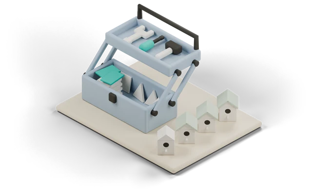 Clay model of an open cantilever toolbox holding a stack of birdhouse wall panels, gable pieces and two teal roof slabs, beside a row of four small birdhouses, the last one still waiting for its roof