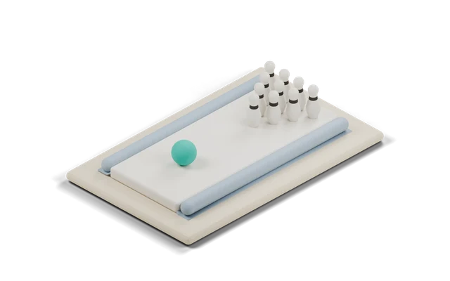 Clay model of a short bowling lane with bumpers, ten pins and a teal ball waiting at the centre of the approach